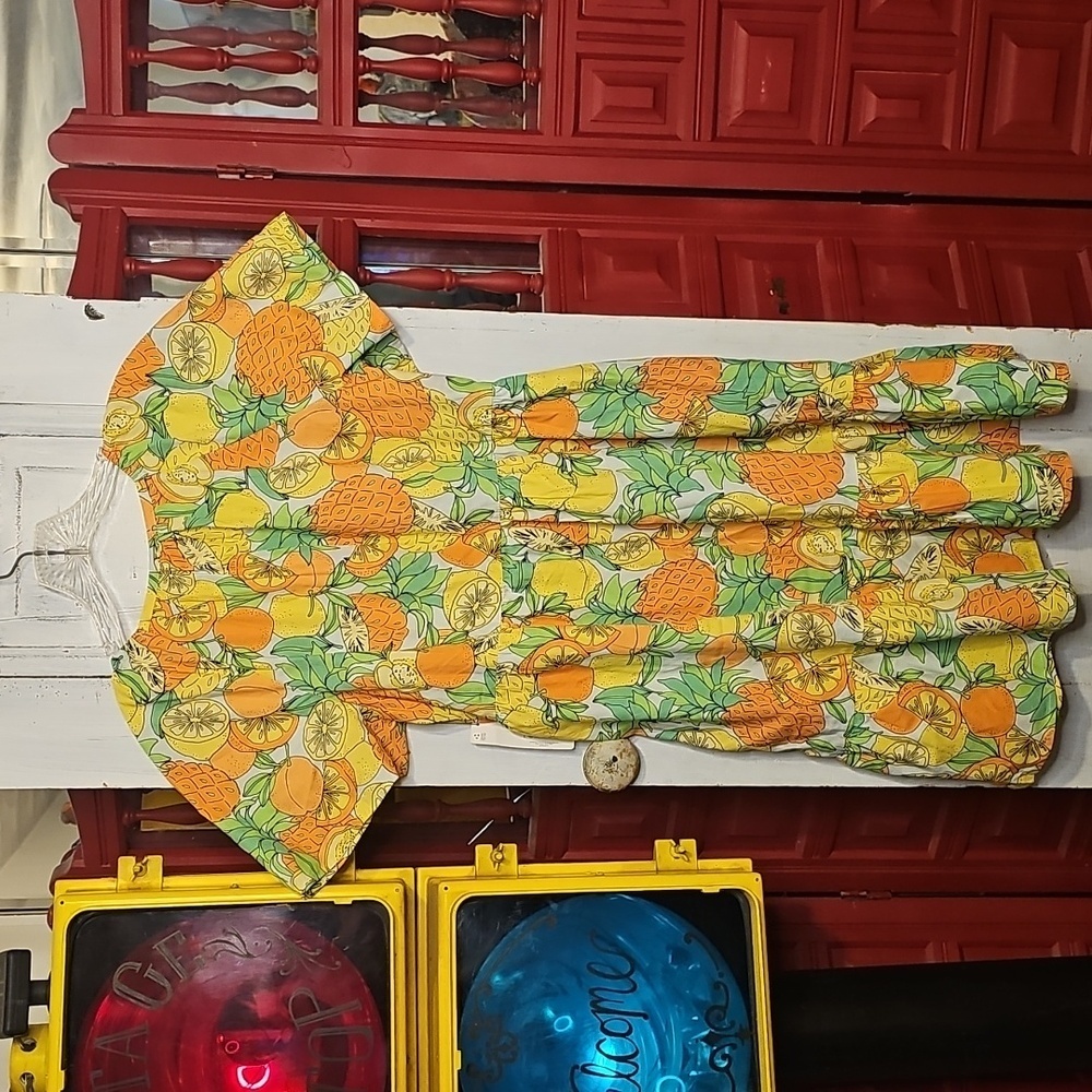 NWT Peyton & Parker Orange Yellow GreenCotton Tropical Fruit Square Neck Dress S - Picture 3 of 4